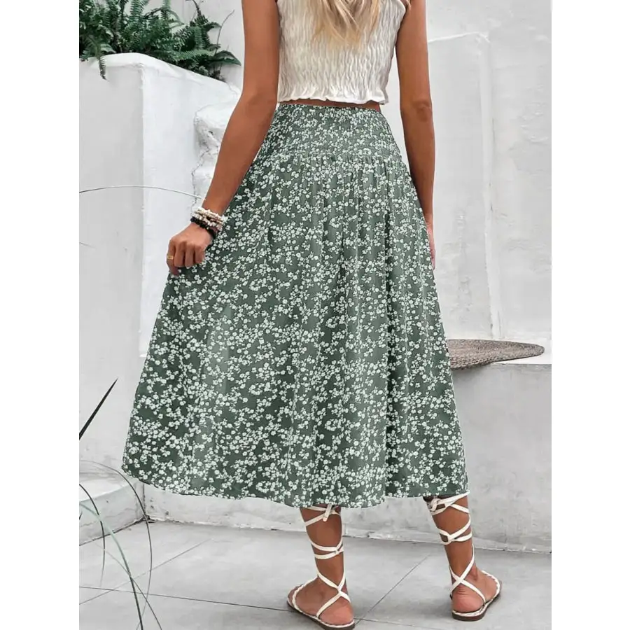Slit Smocked Printed Skirt