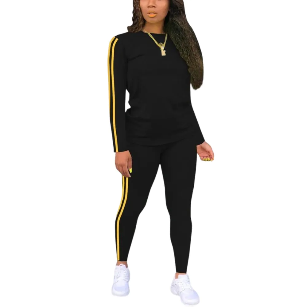 Women's Striped Print Long Sleeve Top & Pants Two-piece Set