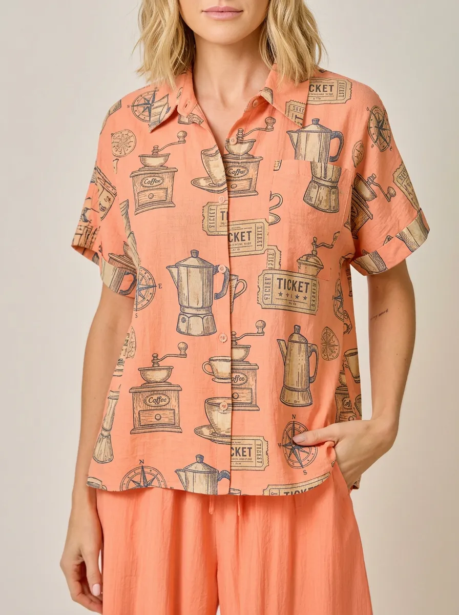 Women's Coffee Lover Moka Pot Ticket Printed Button-up Shirt