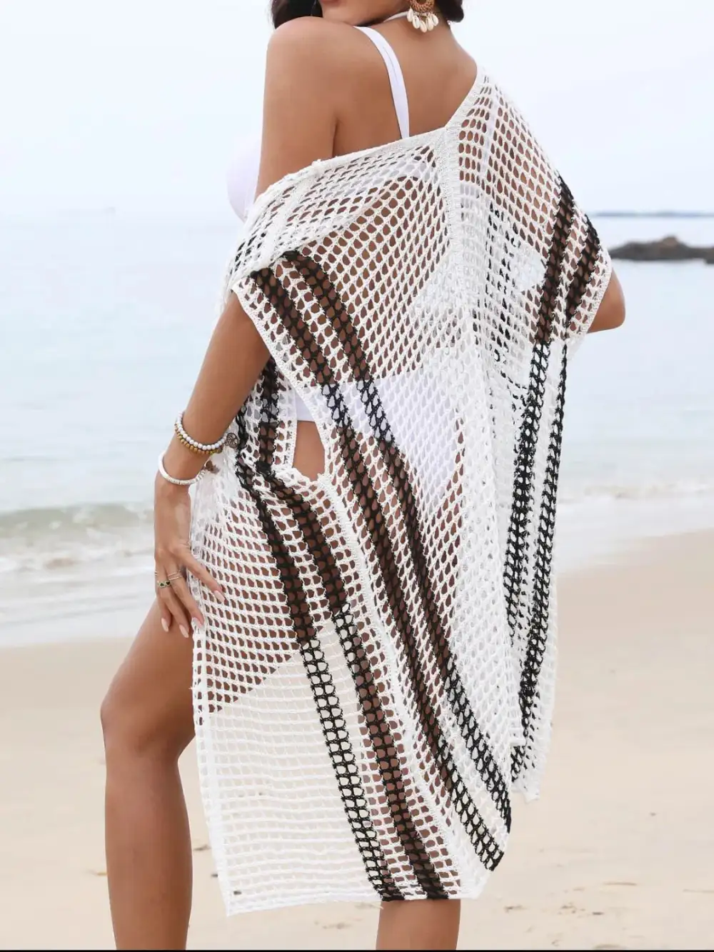 Open Front Contrast Openwork Swim Cover Up