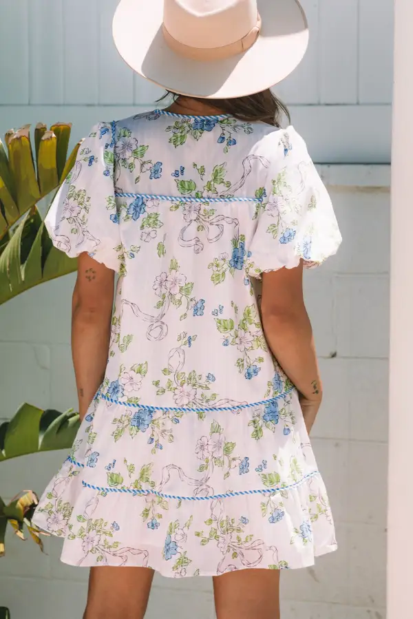 Print Contrast Trim Tie Split Neck Mini Dress