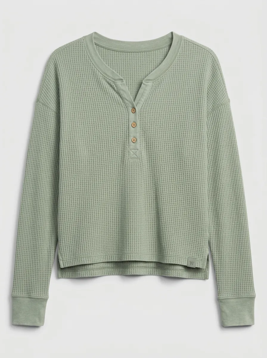 Women's Sage Green Waffle Knit Henley Top with V-Neck