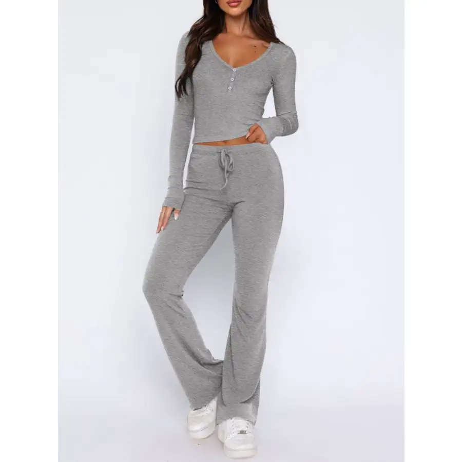 V Neck Long Sleeve Top and Pants Set