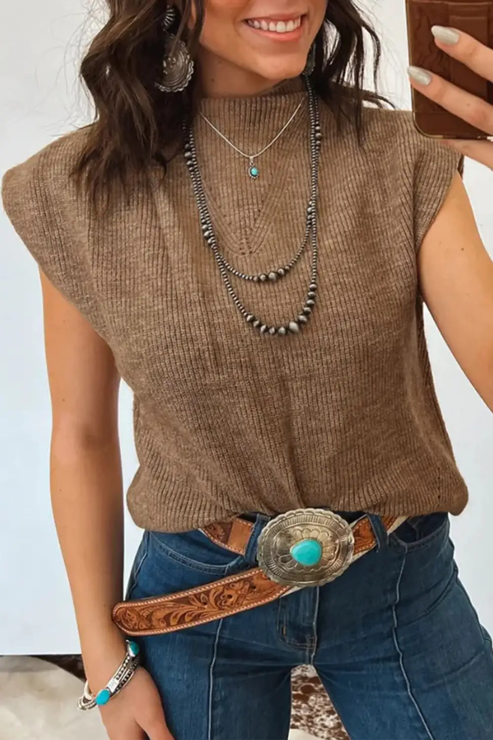 Ribbed Knit Mock Neck Relaxed Sleeveless Sweater