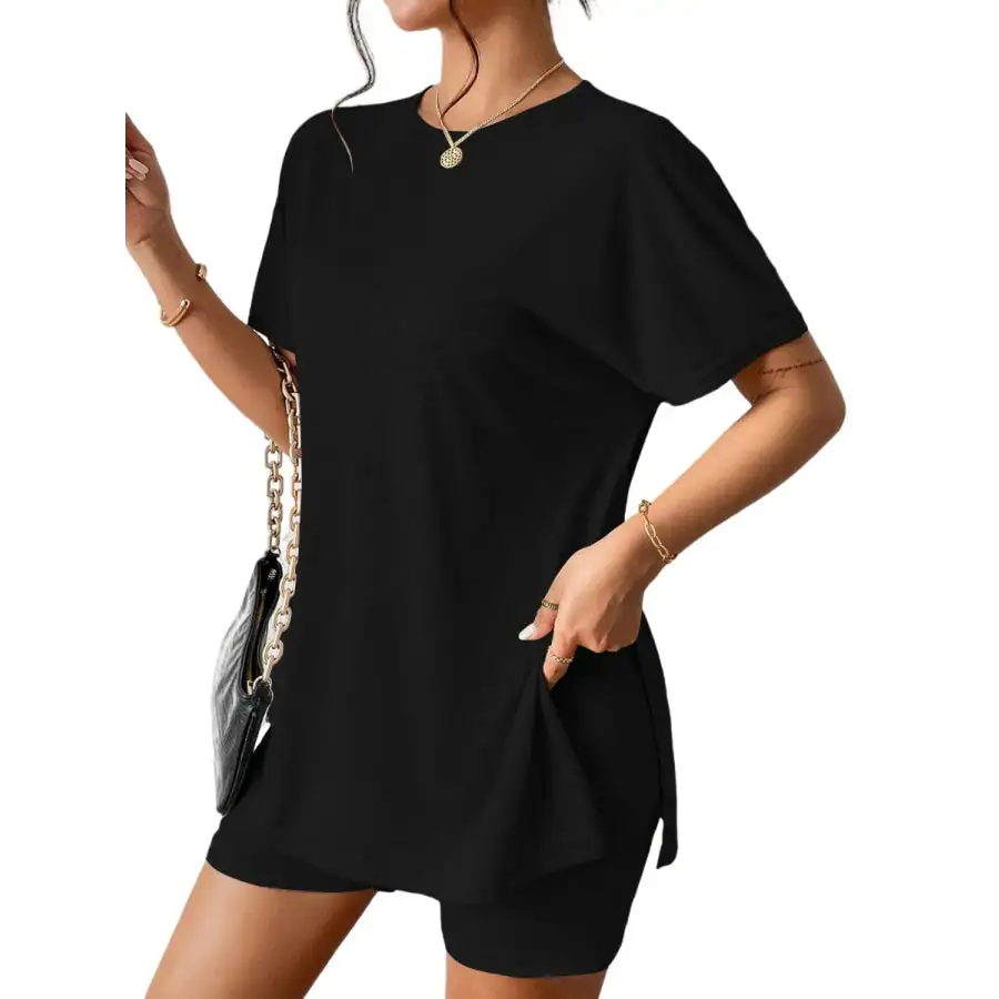 Slit Round Neck Short Sleeve Oversized Top and Shorts Set