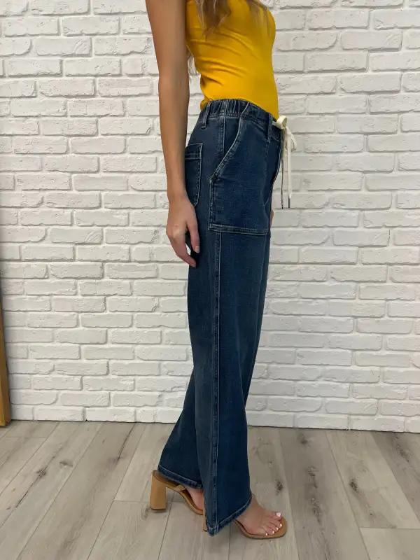 High Rise Drawstring Wide Leg Jeans