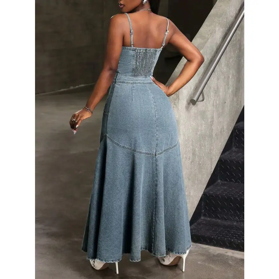 Smocked Button Front Denim Cami Dress