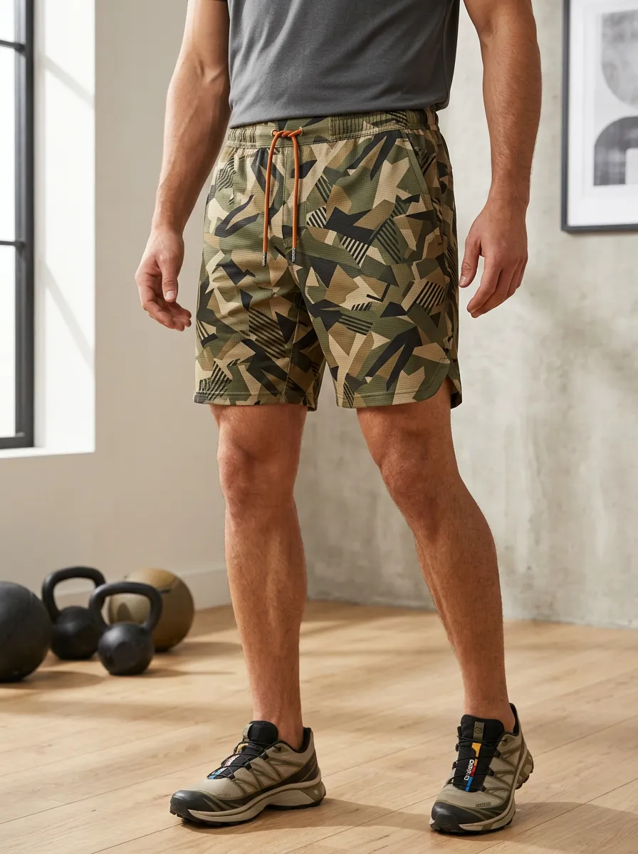 Men's Olive Geometric Camo Print Athletic Shorts