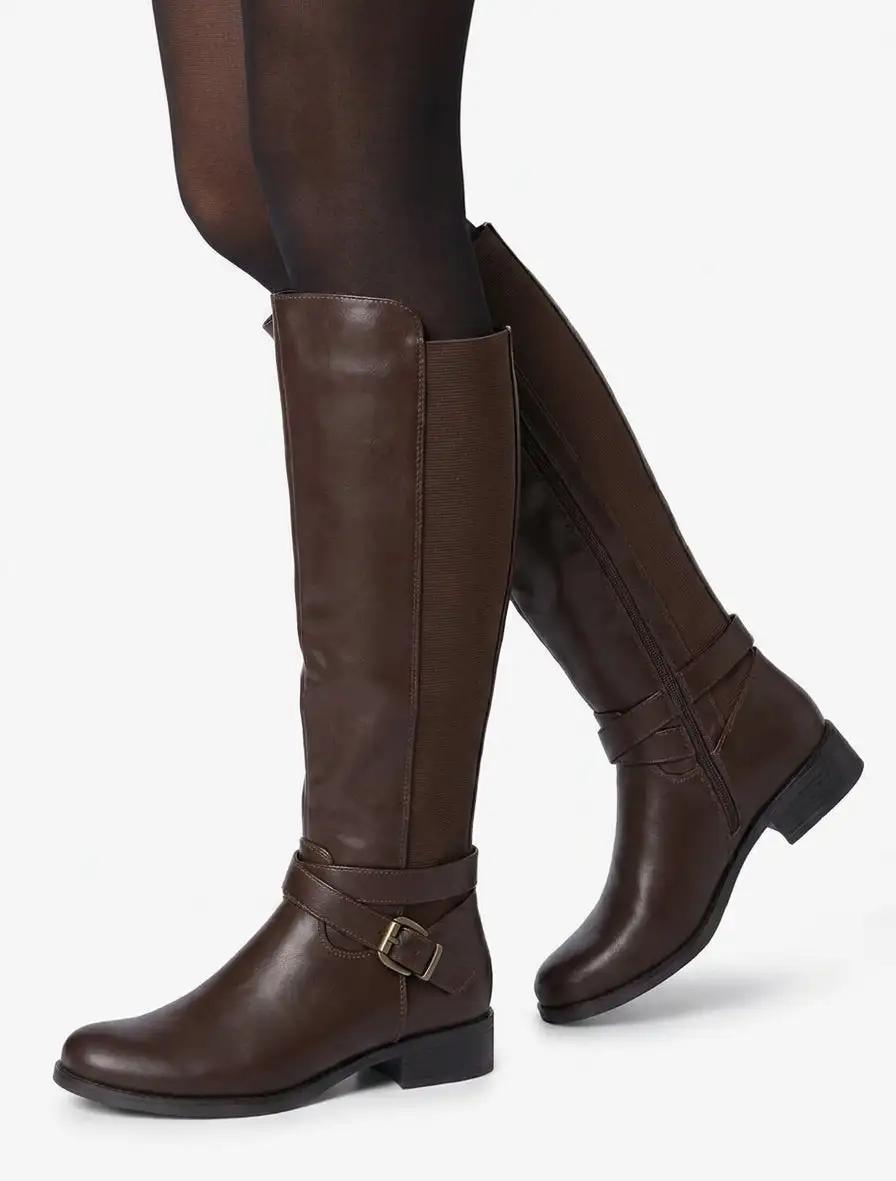 Polished Stretch Panel Strap Detail Buckle Detail Block Heel Knee High Boots