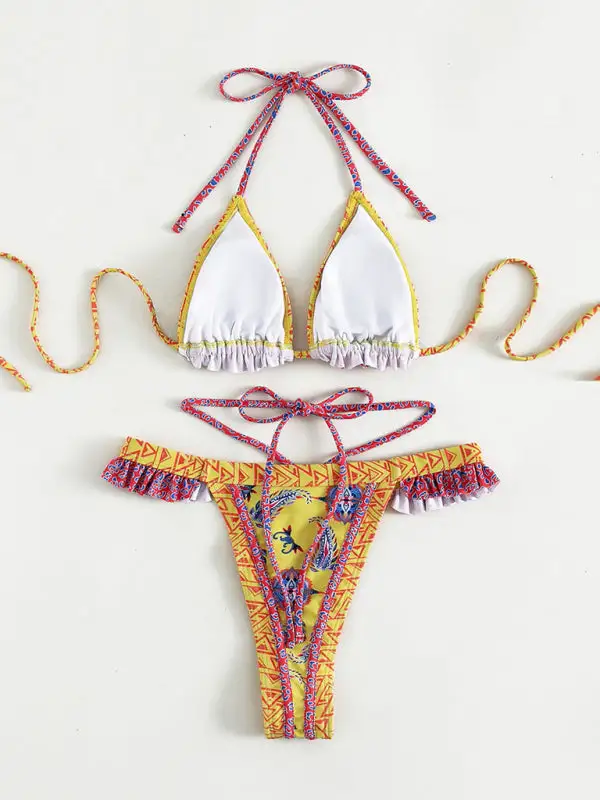 Ethnic Print Halter Neck Tie Bikini Swim Set
