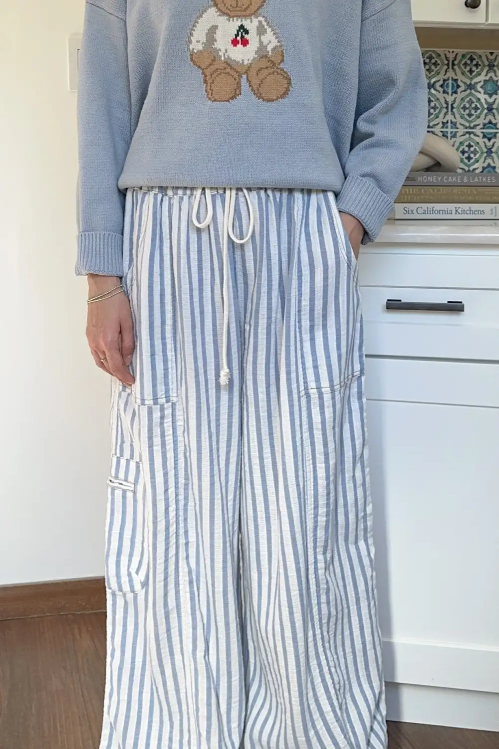 Washed Cotton Striped Relaxed Trousers