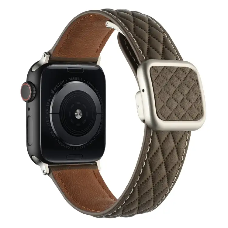 Rhombus Pattern Magnetic Square Buckle Leather Watch Band for Watch SE 2023 40 mm - Brown