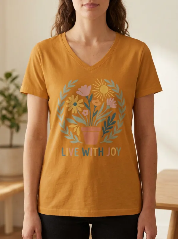 Women's Floral Potted Plant Live With Joy Print V-Neck T-Shirt