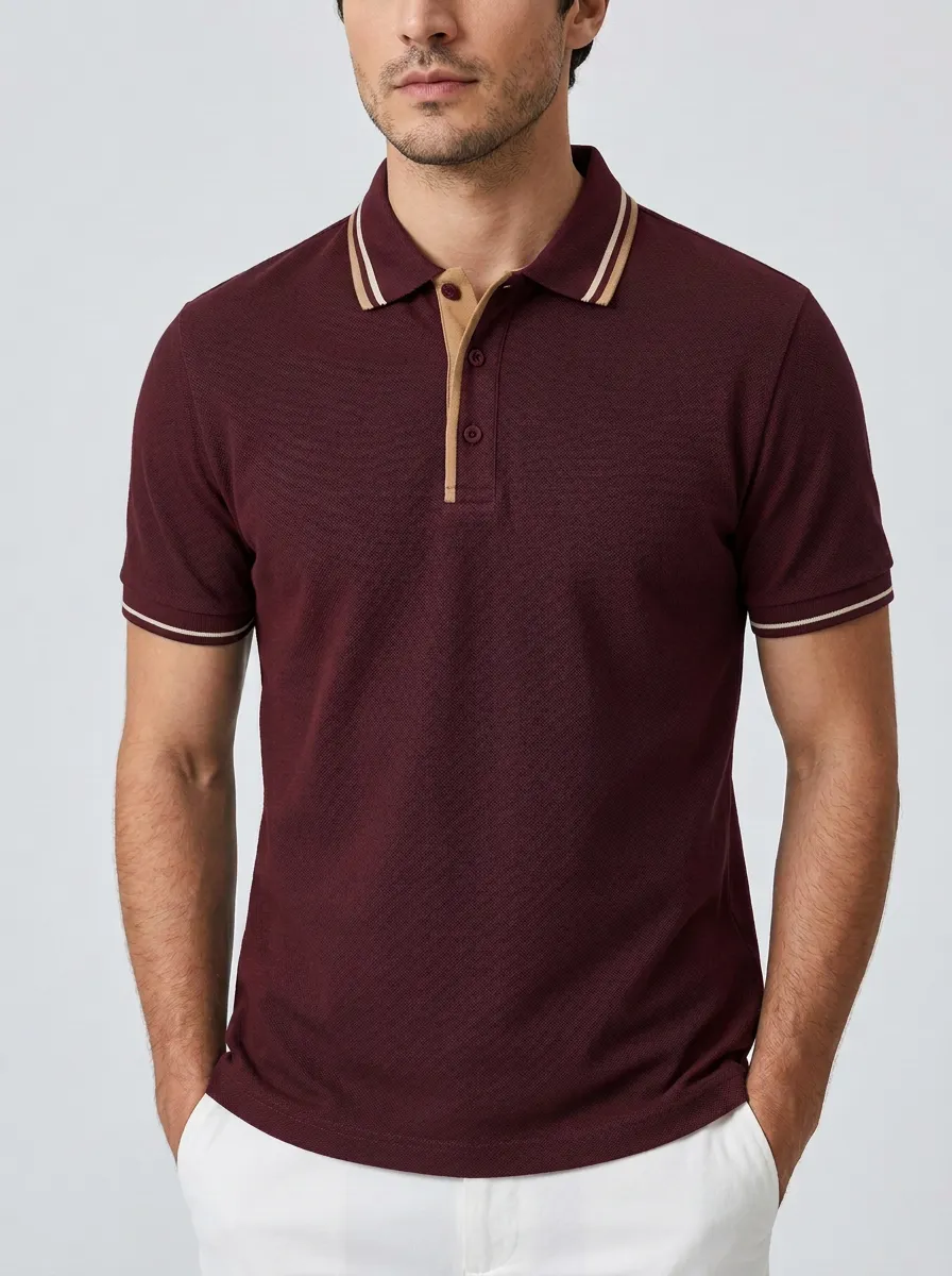 Men's Navy Blue Contrast-Collar Stripe Trim Polo Shirt