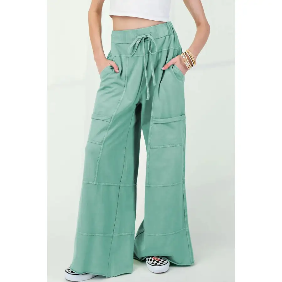 Mineral Wash Exposed Seam Drawstring High Waist Wide Leg Cargo Pants