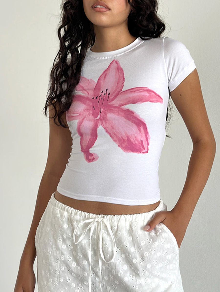 White With Painted Flower Pink Tee
