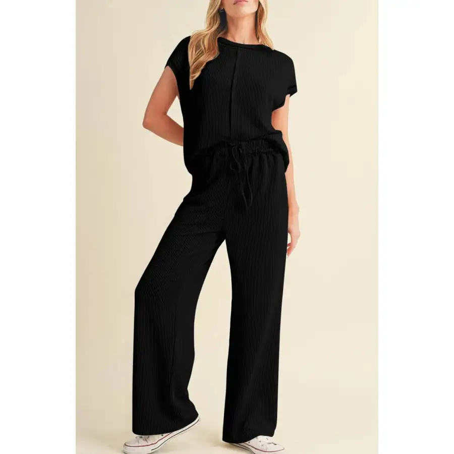 Solid Corded Short Sleeve Top and Casual Pants Set