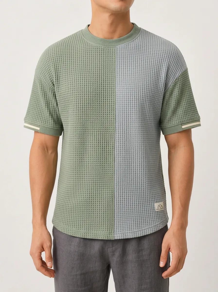 Men's Colorblock Waffle Knit Patchwork Crewneck Top