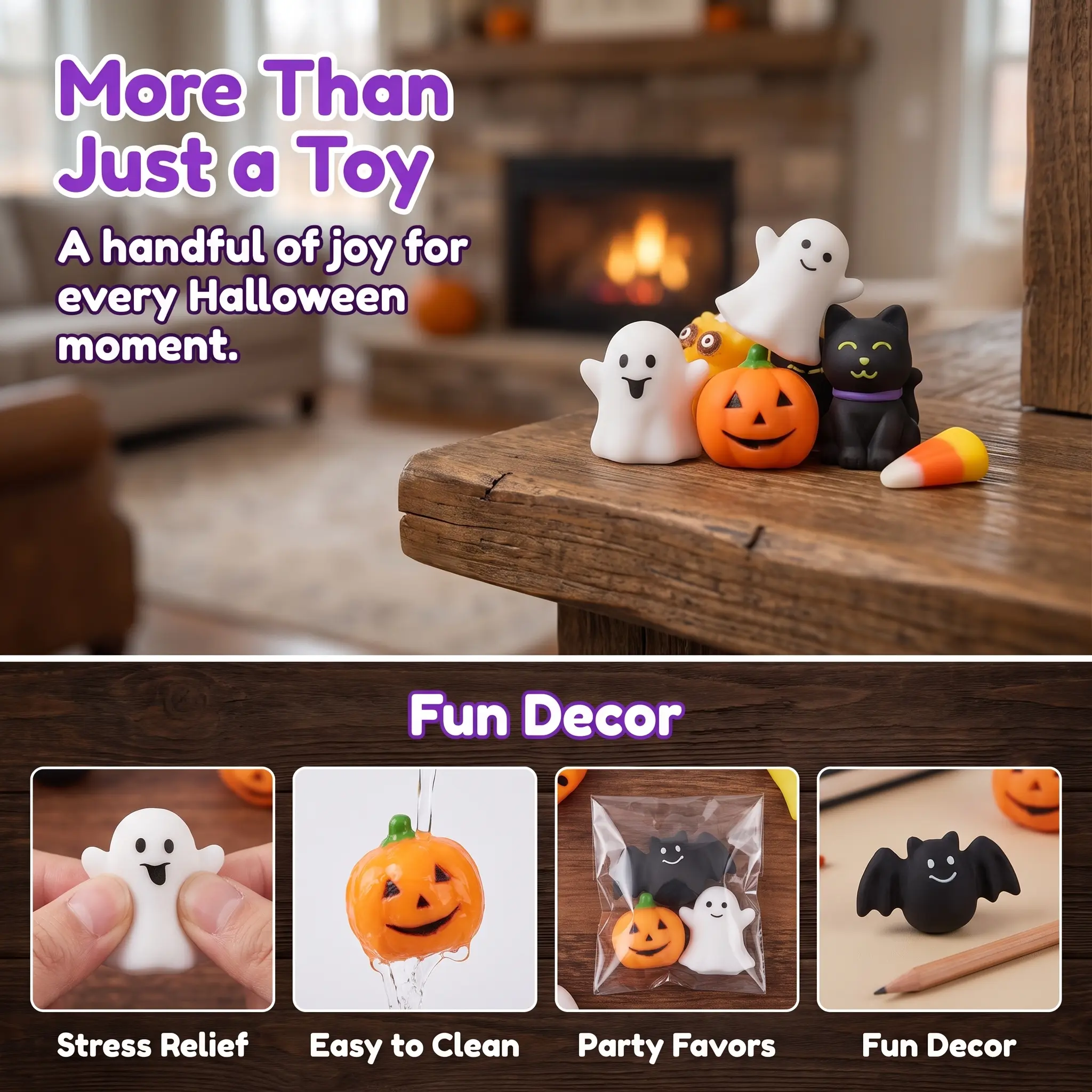 Halloween squishies used for stress relief, easy cleaning, party favors and fun decor