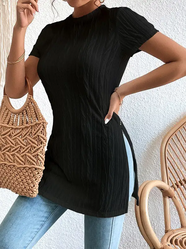 Short Sleeve Pleat Detail Panel Detail Side Slit Round Neck T-Shirt