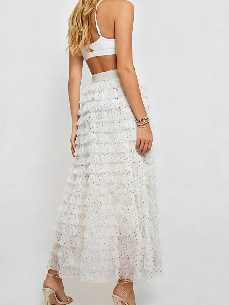 Polka Dot Tiered Ruffle Elastic Waist Tulle Midi Skirt