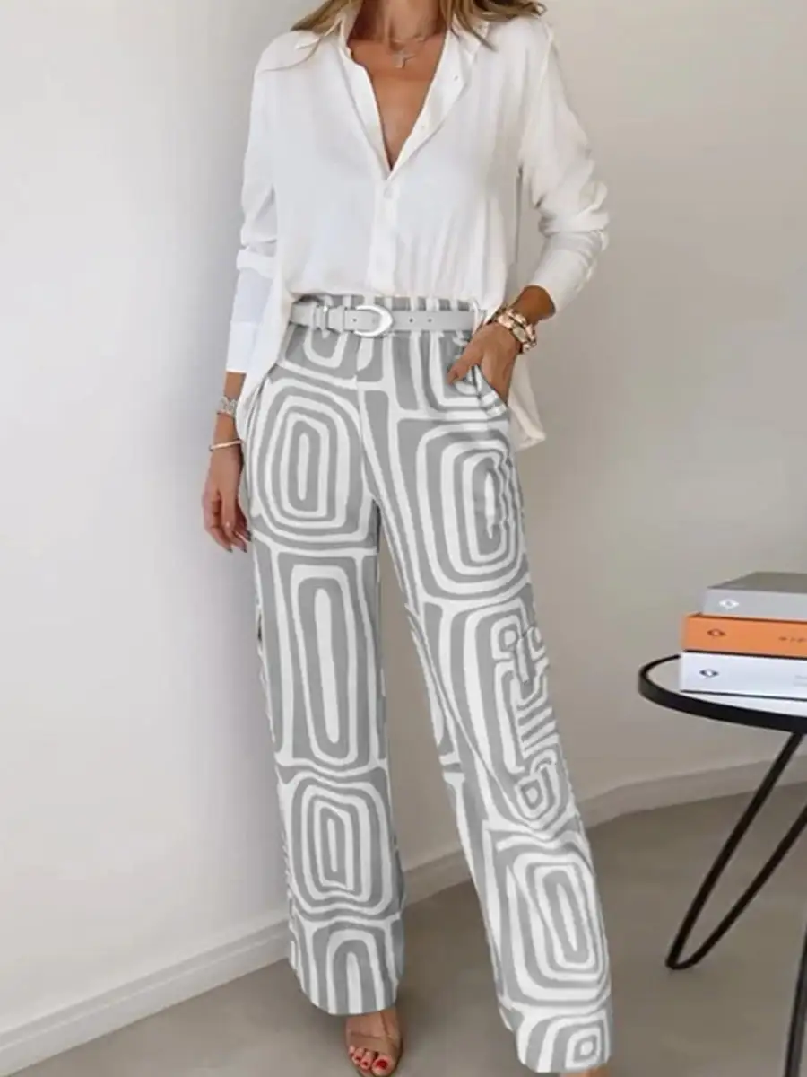 Long Sleeve Buttoned Lapel Blouse And Pants Set
