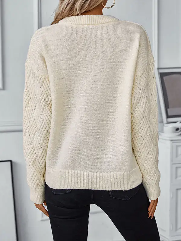 Paneled Round Neck Long Sleeve Relaxed Fit Pullover Sweater