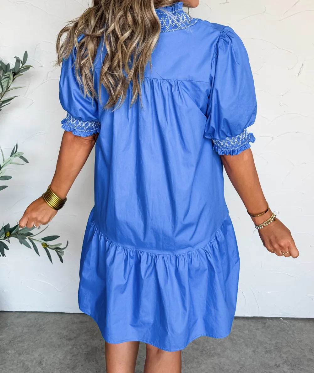 Embroidered Smocked V-Neck Mini Dress