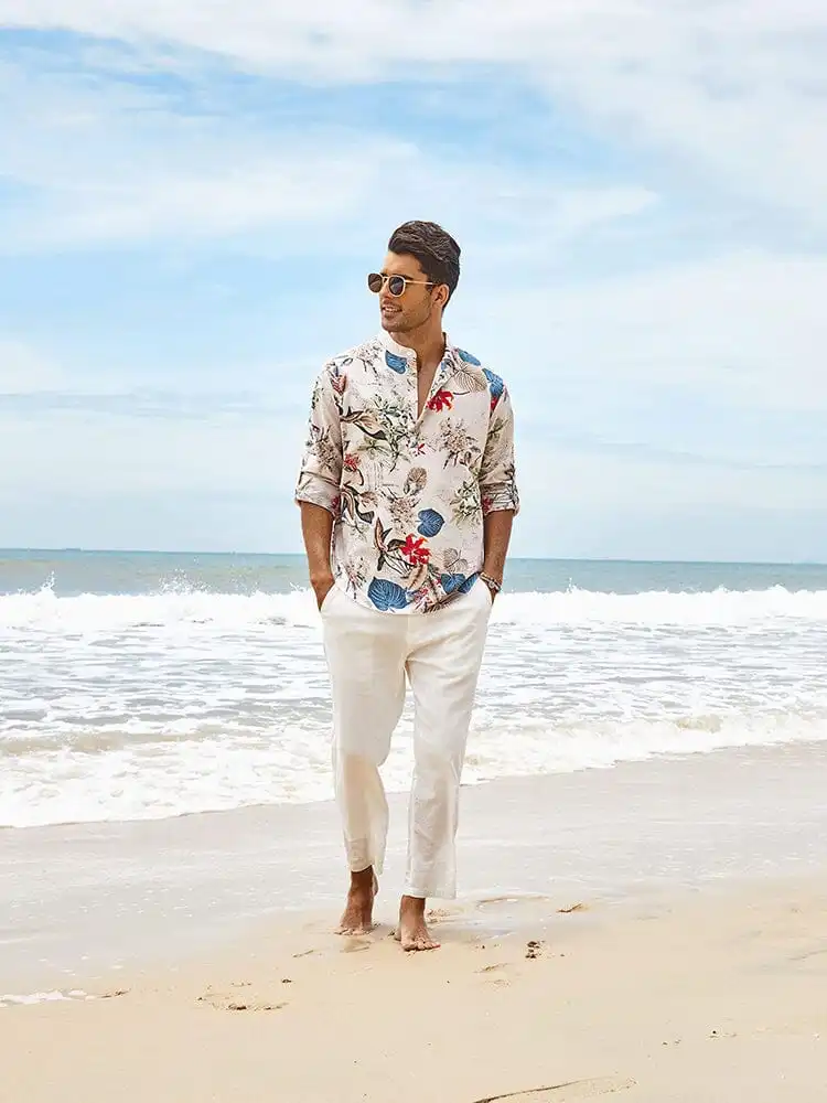 Cotton Linen Floral Henley Shirt Pants
