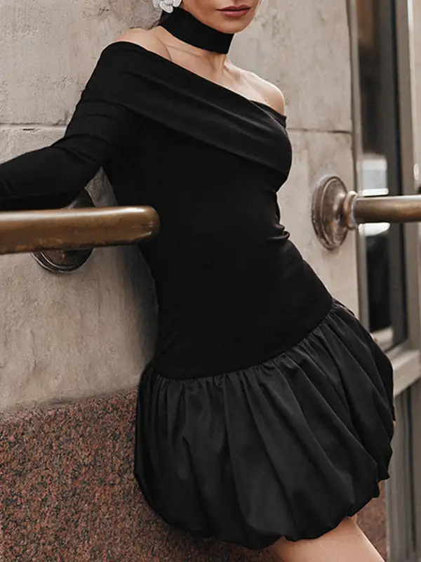 High Waisted Long Sleeve Contrast Color Pleated Split Joint Off The