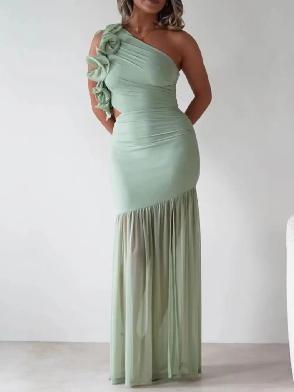 One Shoulder Ruffle Trim Maxi Dress