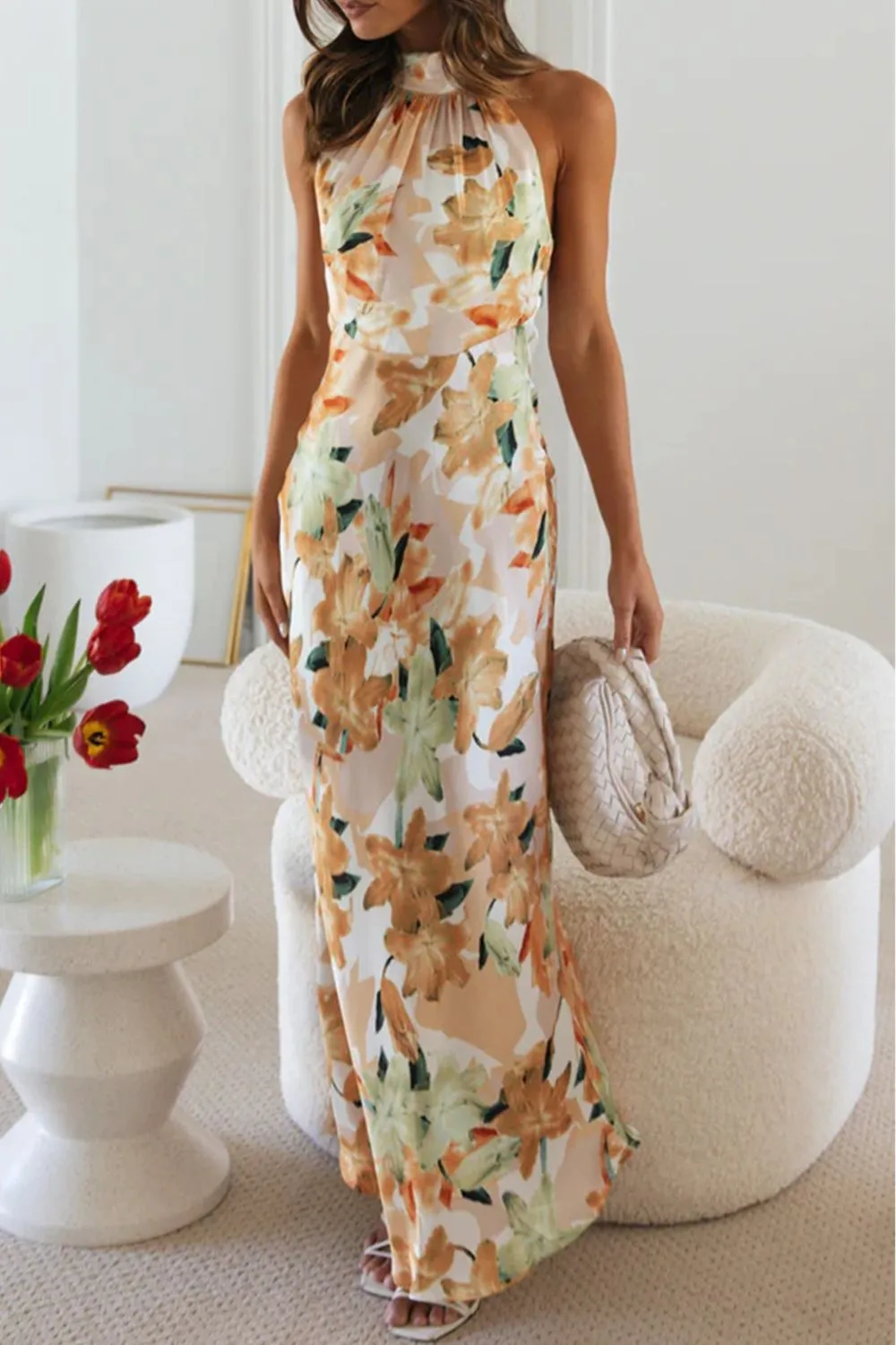 Soft Floral Print Halter Neck Maxi Dress