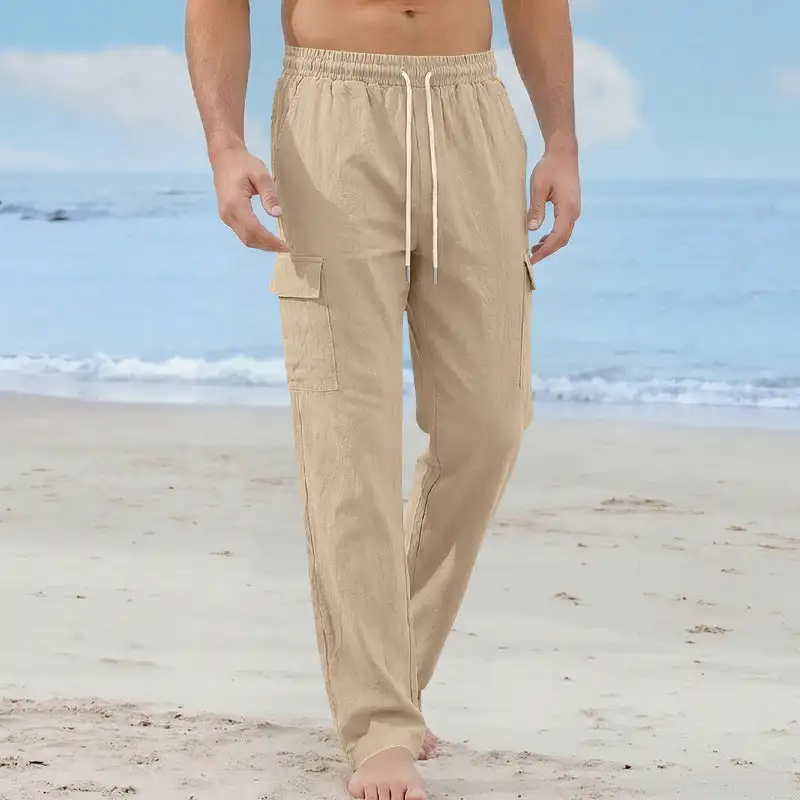 Men's Loose Linen Cargo Pants Waistband Pockets