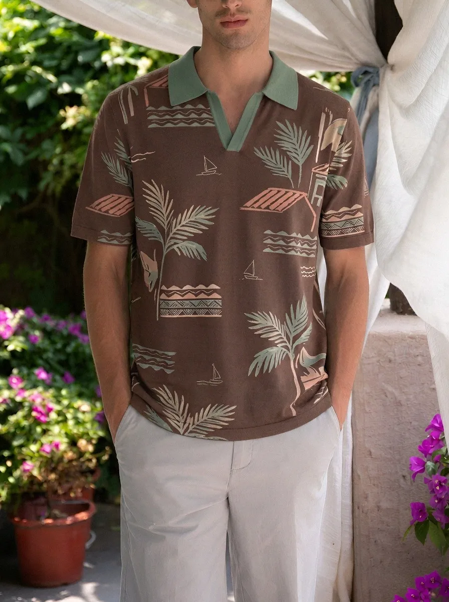 Men's Tropical Palm Tree Sailboat Pattern Printed Polo Shirt