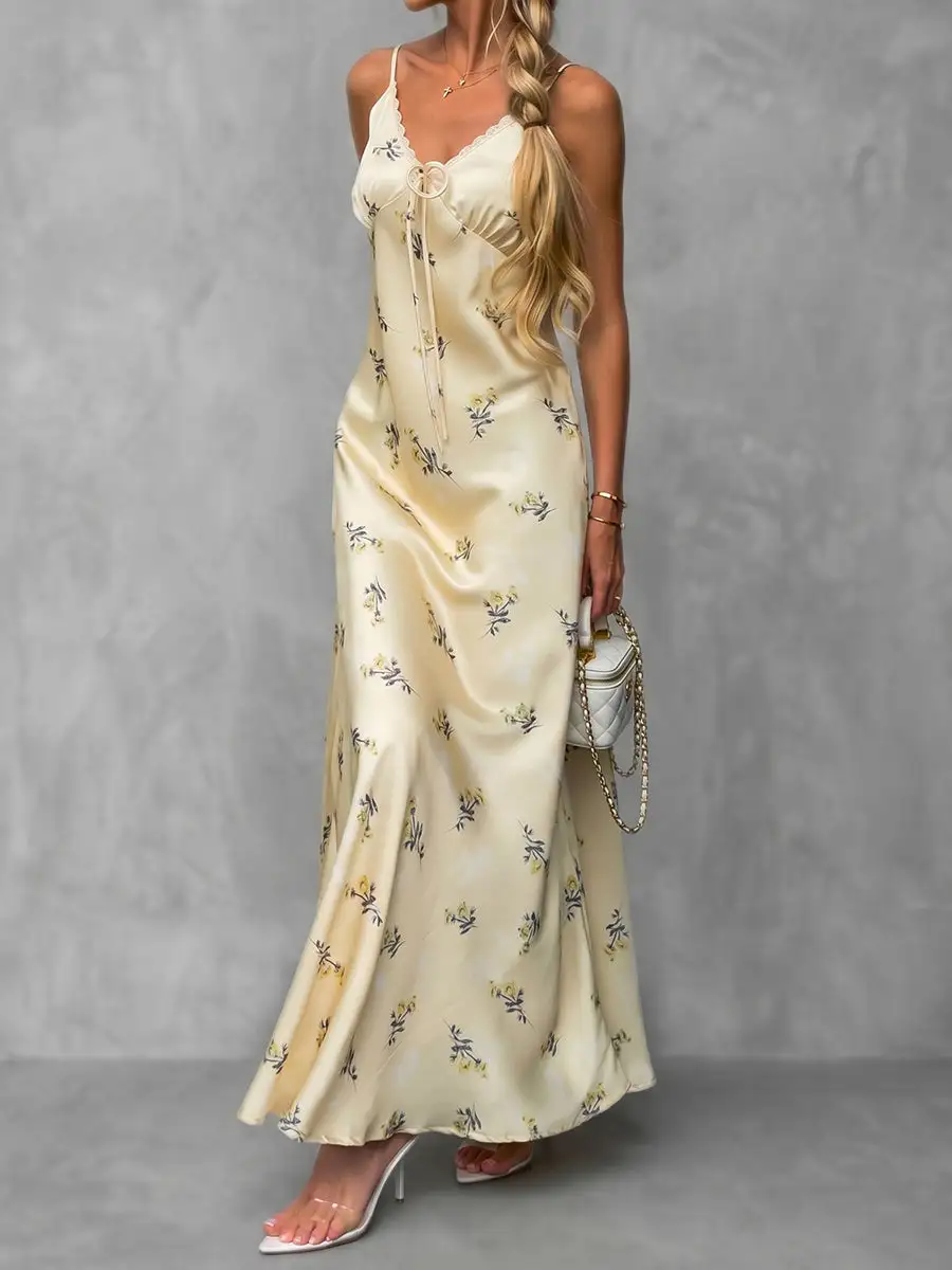 Flower Pleated Sleeveless Neck Maxi Dress