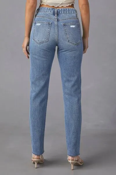 Balanced Straight Leg Raw Hem Distressed Denim Jeans