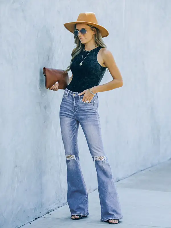 High Waist Flare Leg Ripped Denim Jeans