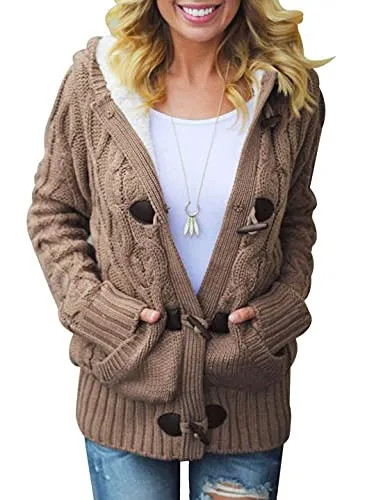 Womens 2025 Winter Hooded Cardigans Button Up Cable Knit Sweater Coat Outerwear with Pockets