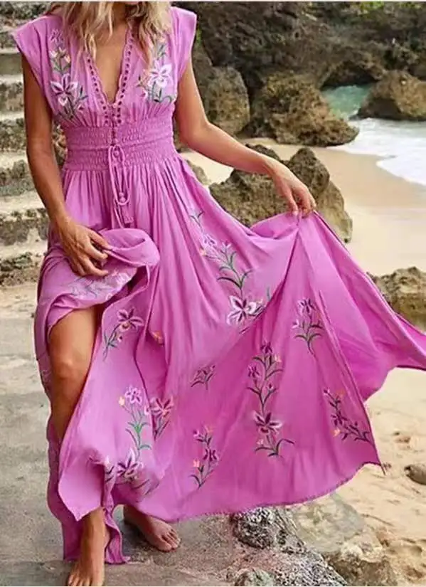 Summer Women's V-neck French Beach Bohemian Printed Dress