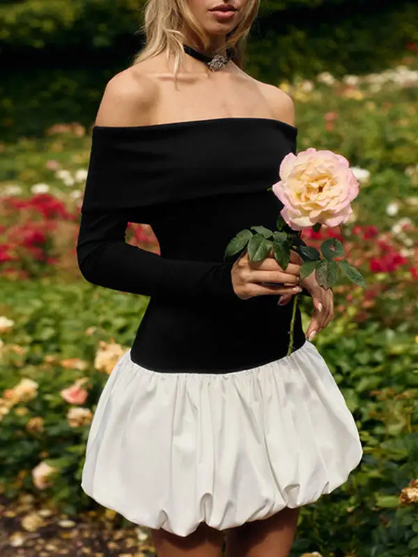 High Waisted Long Sleeve Contrast Color Pleated Split Joint Off The