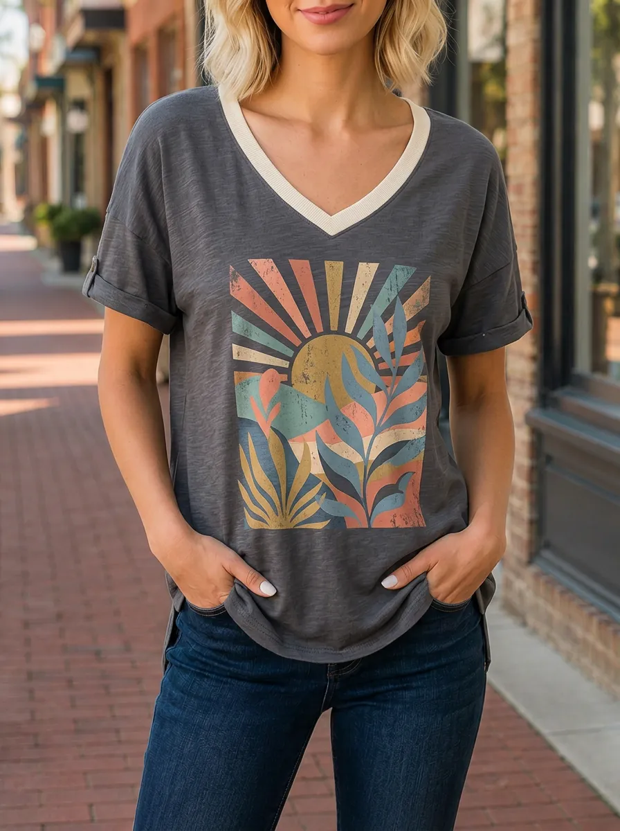 Women's Retro Boho Sun Plant Printed V-neck T-shirt
