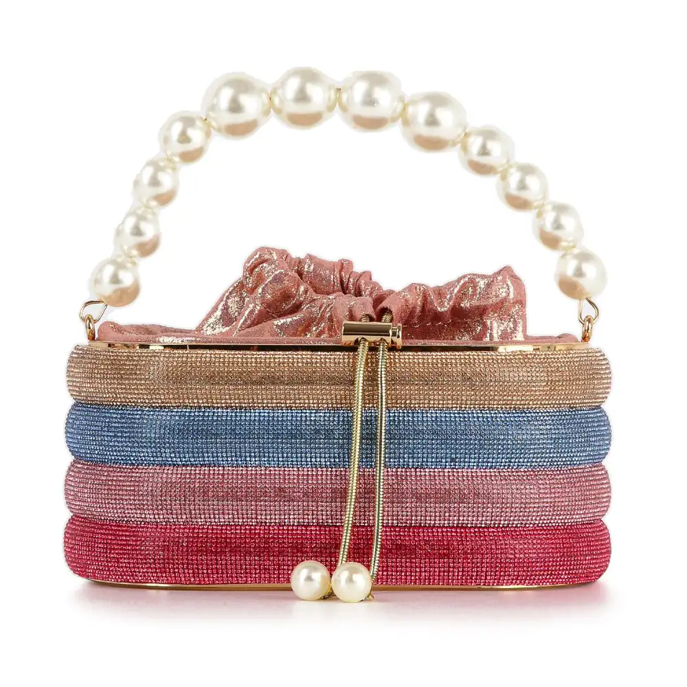 Crystal Accent Beaded Accent Chain Accent Faux Leather Evening Clutch Bag
