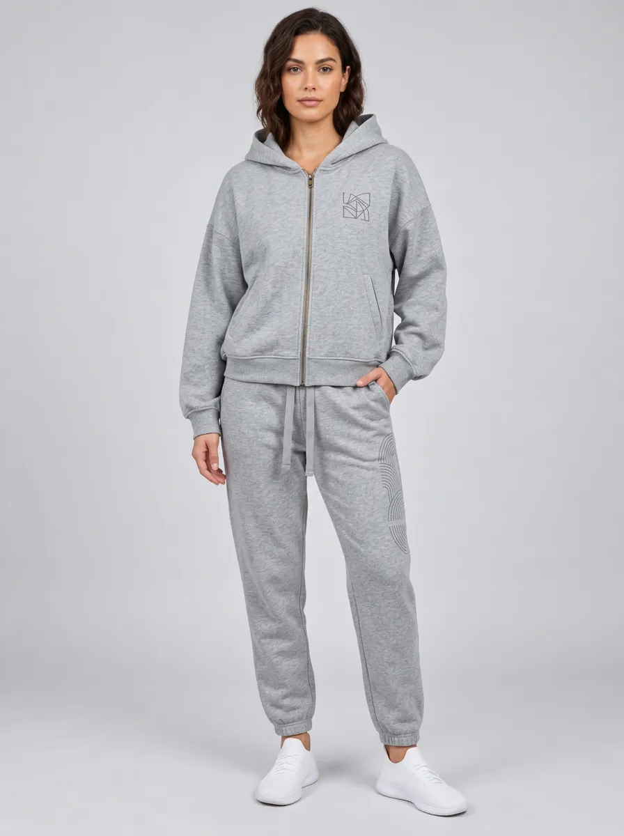 Women's Heather Grey Tapered Joggers Zip-Up Hoodie Jacket & Jogger Set