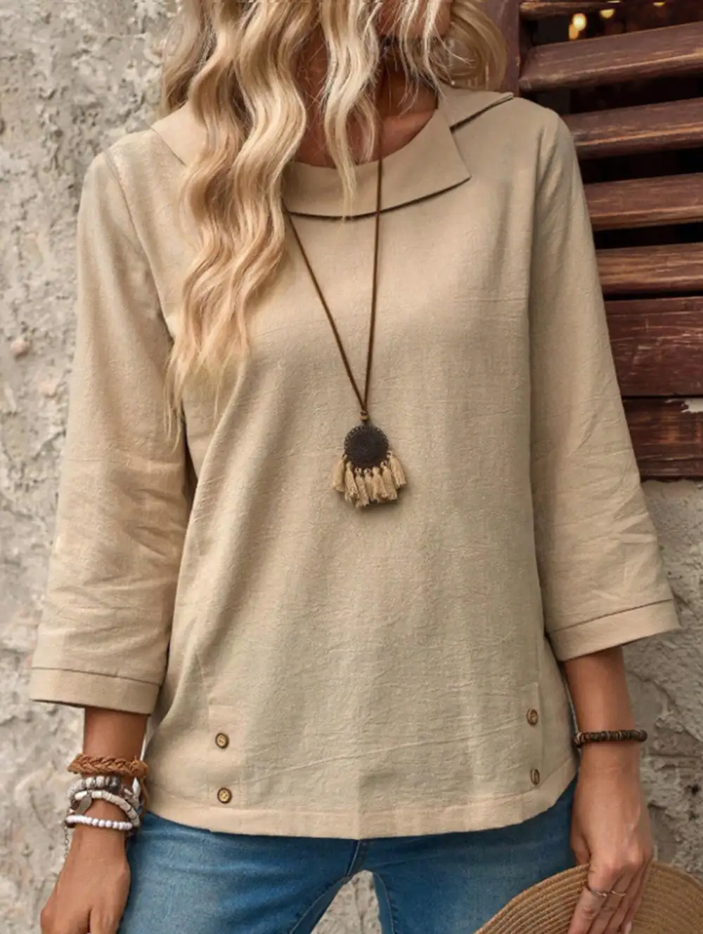 Lapel Three-Quarter Sleeve Tee Top