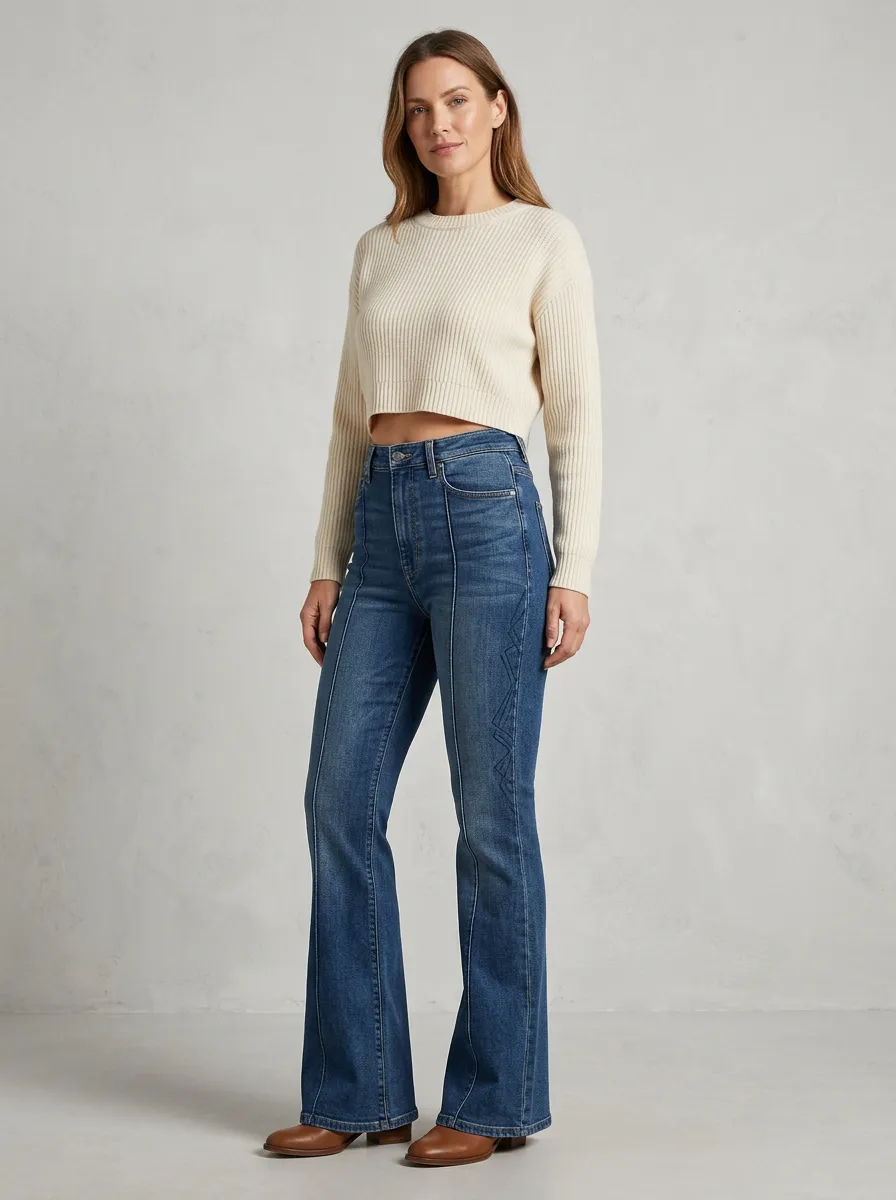 Women's Western Geometric Embroidered Stitch Detail High Rise Flare Jeans