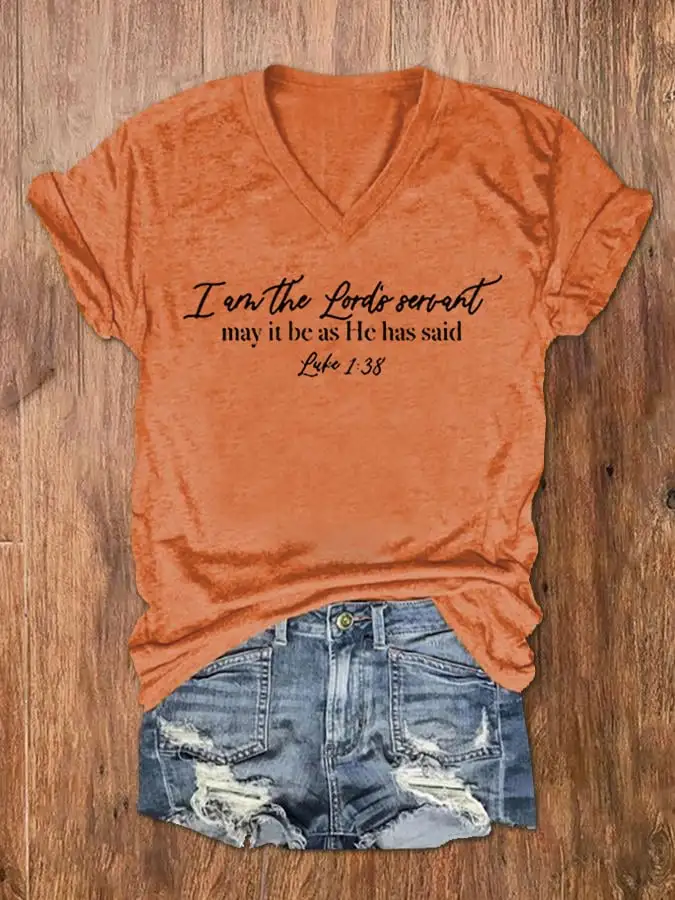 Women's I am the Lord's Servant - Luke 1:38 Scripture Print V-Neck T-Shirt