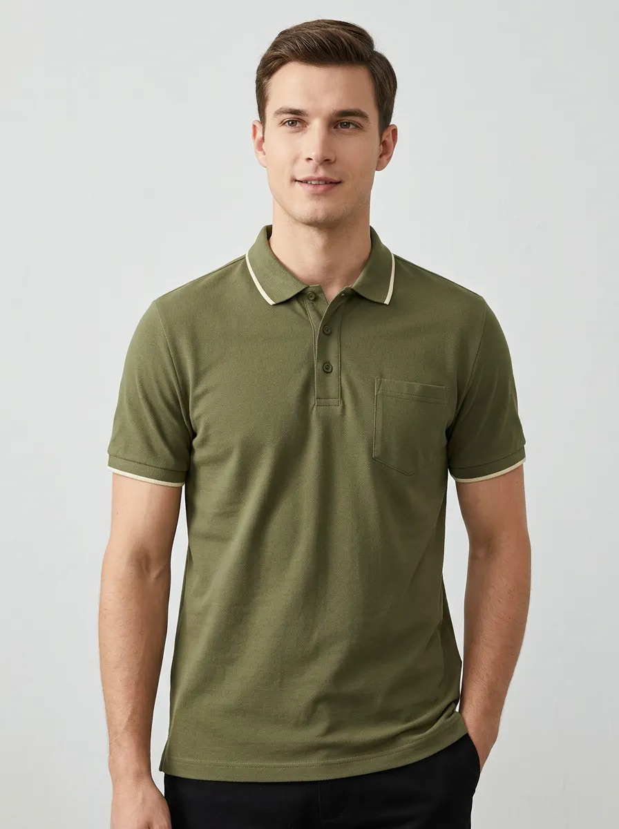 Men's Casual Olive Green Pocket Contrast Trim Polo Shirt