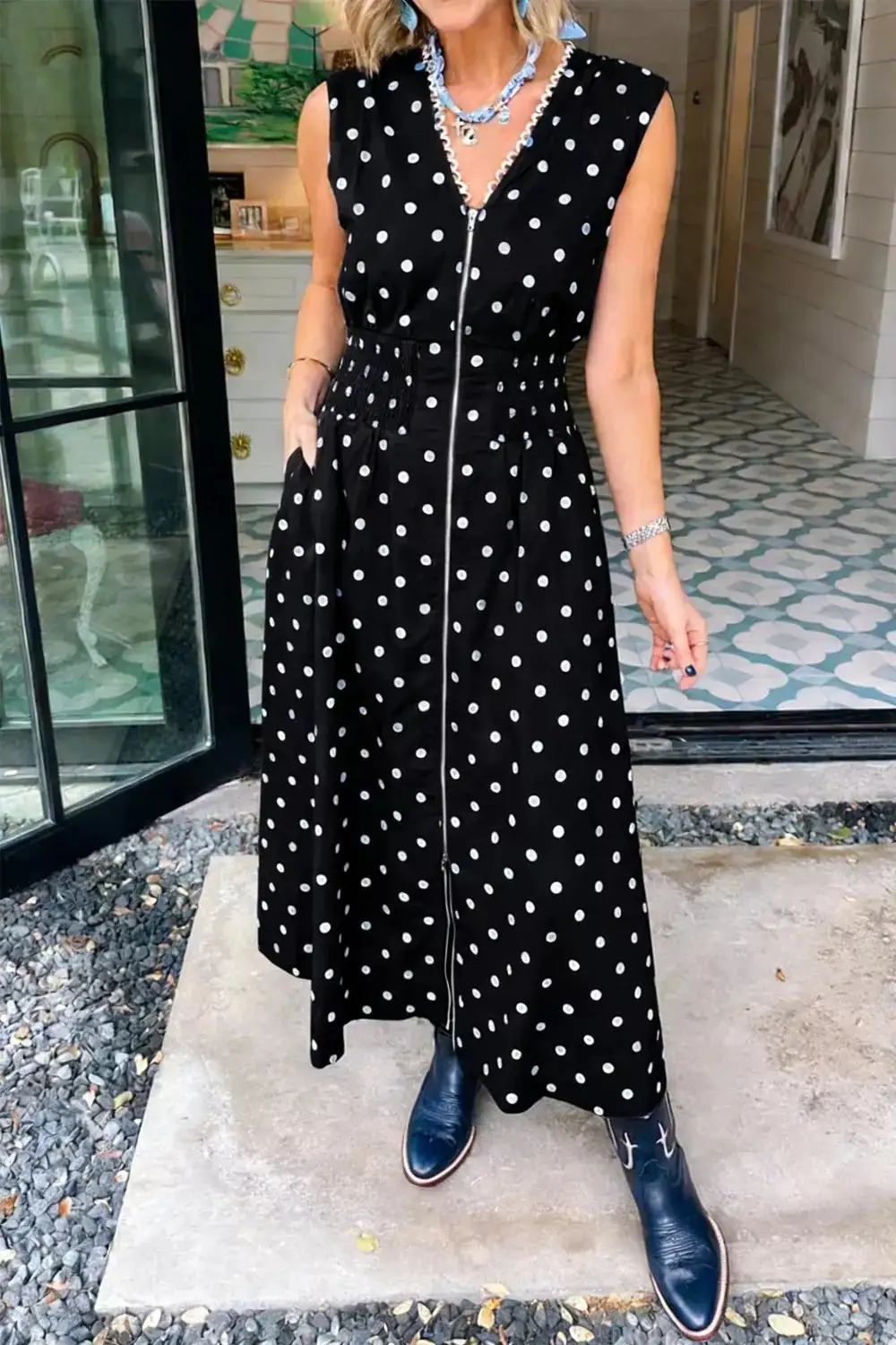 Polka Dot Zip Front Midi Dress