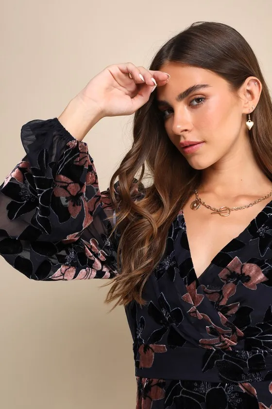 Stunning Feeling Navy Blue Velvet Floral Burnout Mini Dress