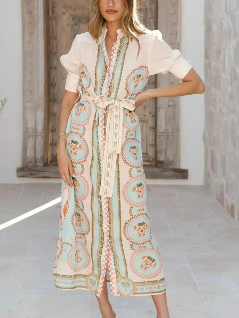 Printed Tie Waist Puff Sleeve Midi Dress